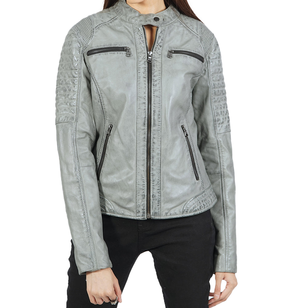 Ladies grey leather clearance jackets