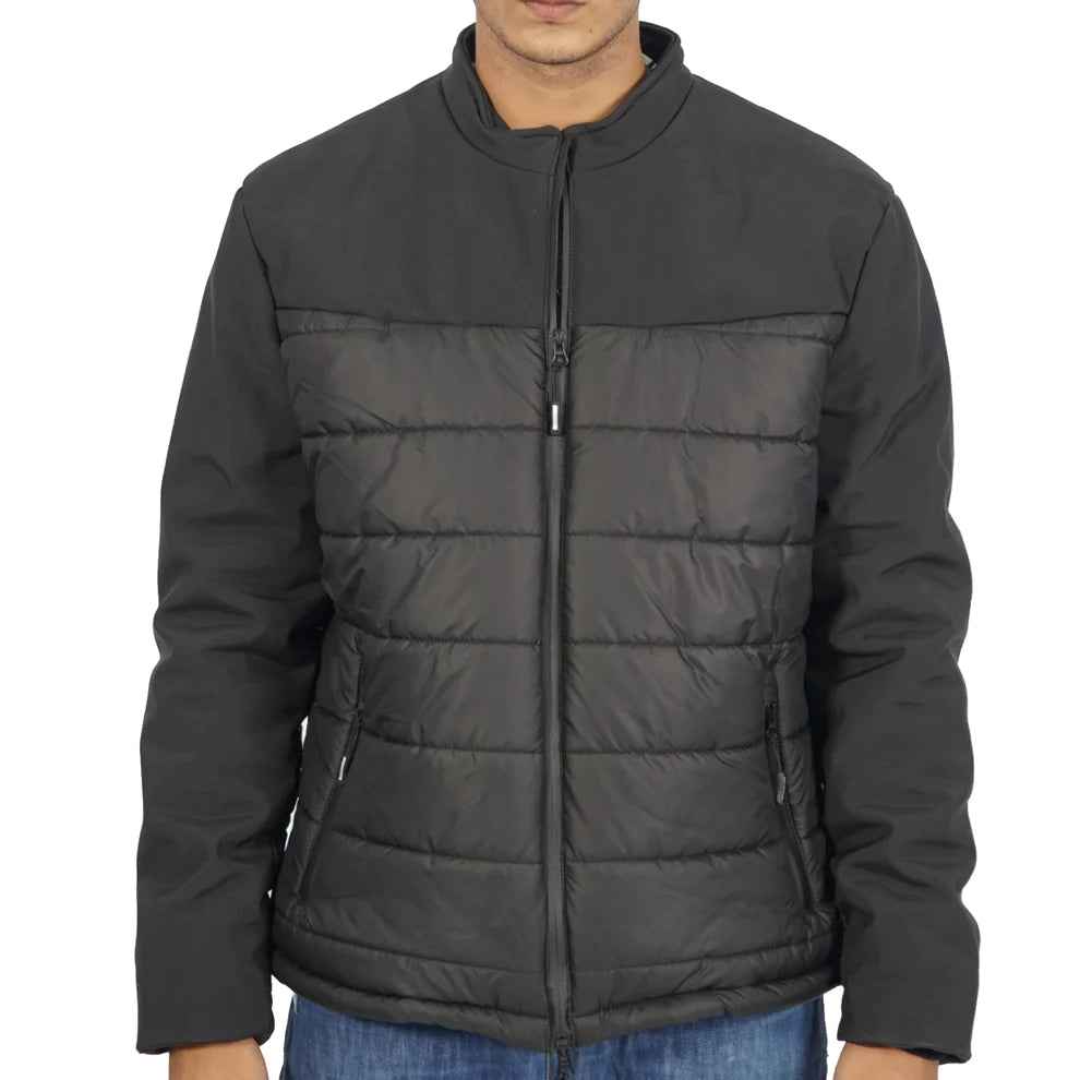 Men’s black quilted puffer jacket with zip closure and stand collar
