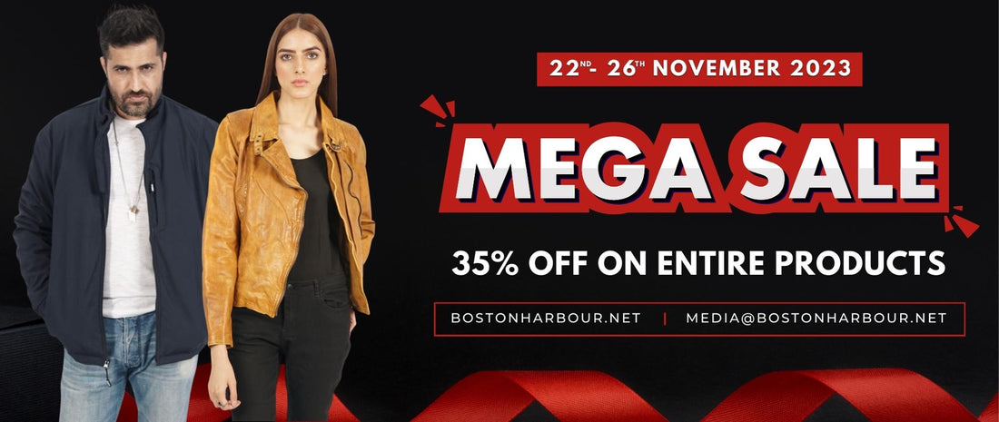 Mega sale banner with man in navy jacket and woman in tan leather jacket, 35% off outerwear