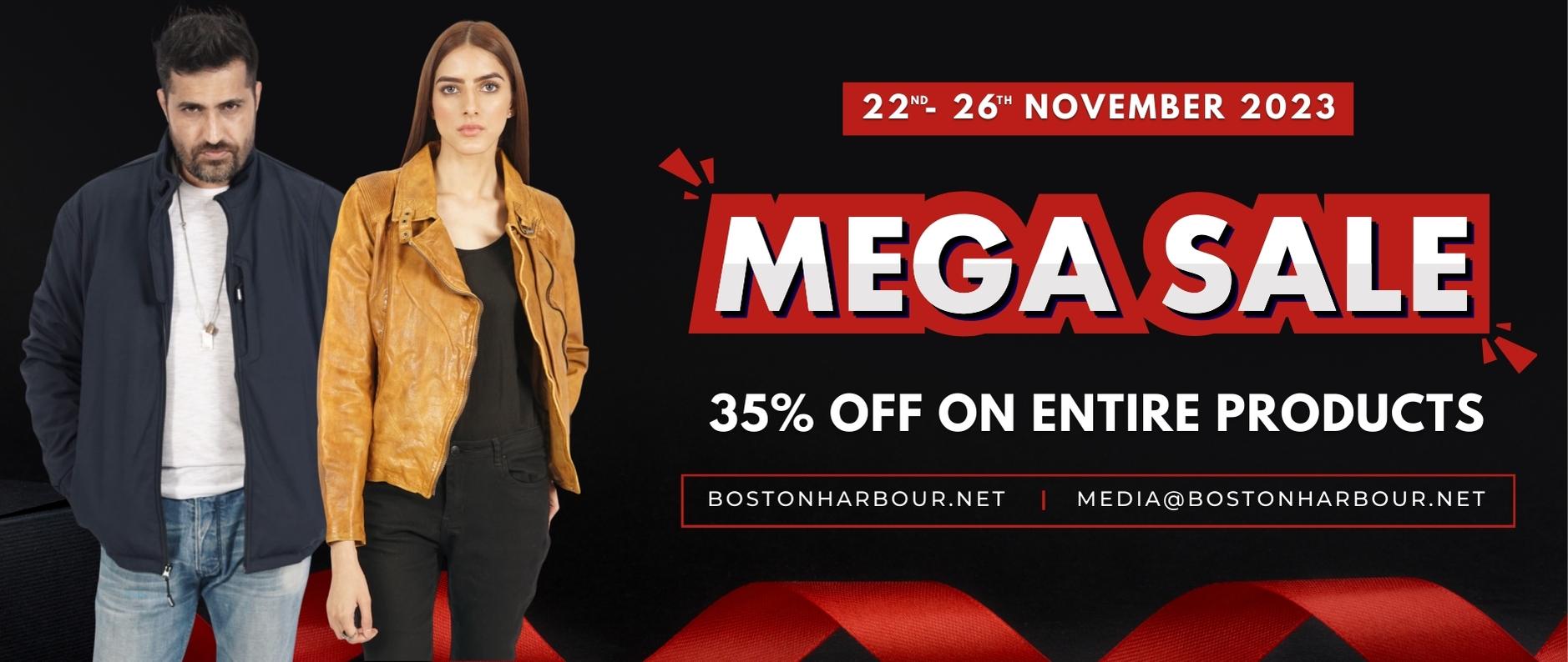 Mega sale banner with man in navy jacket and woman in tan leather jacket, 35% off outerwear