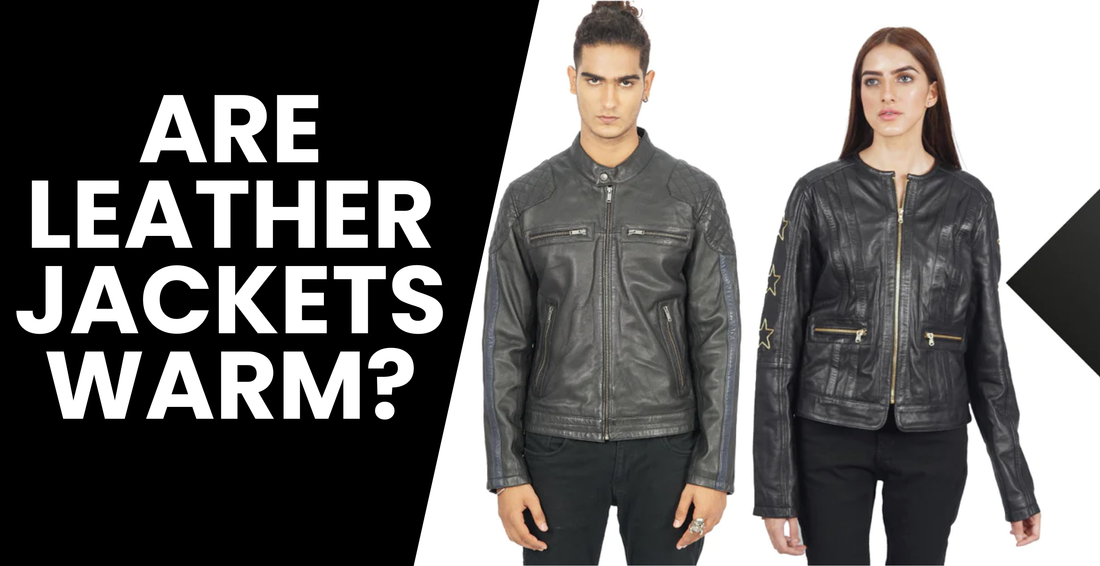 Man and woman in black leather jackets standing side by side on white background