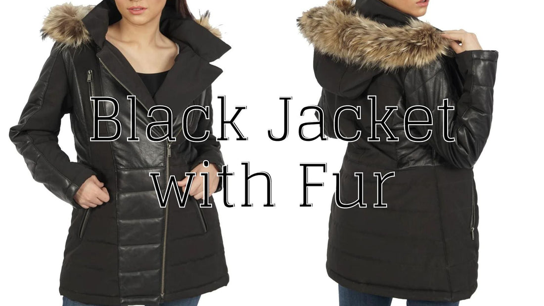 Women's black winter jacket with faux fur hood and quilted panel design