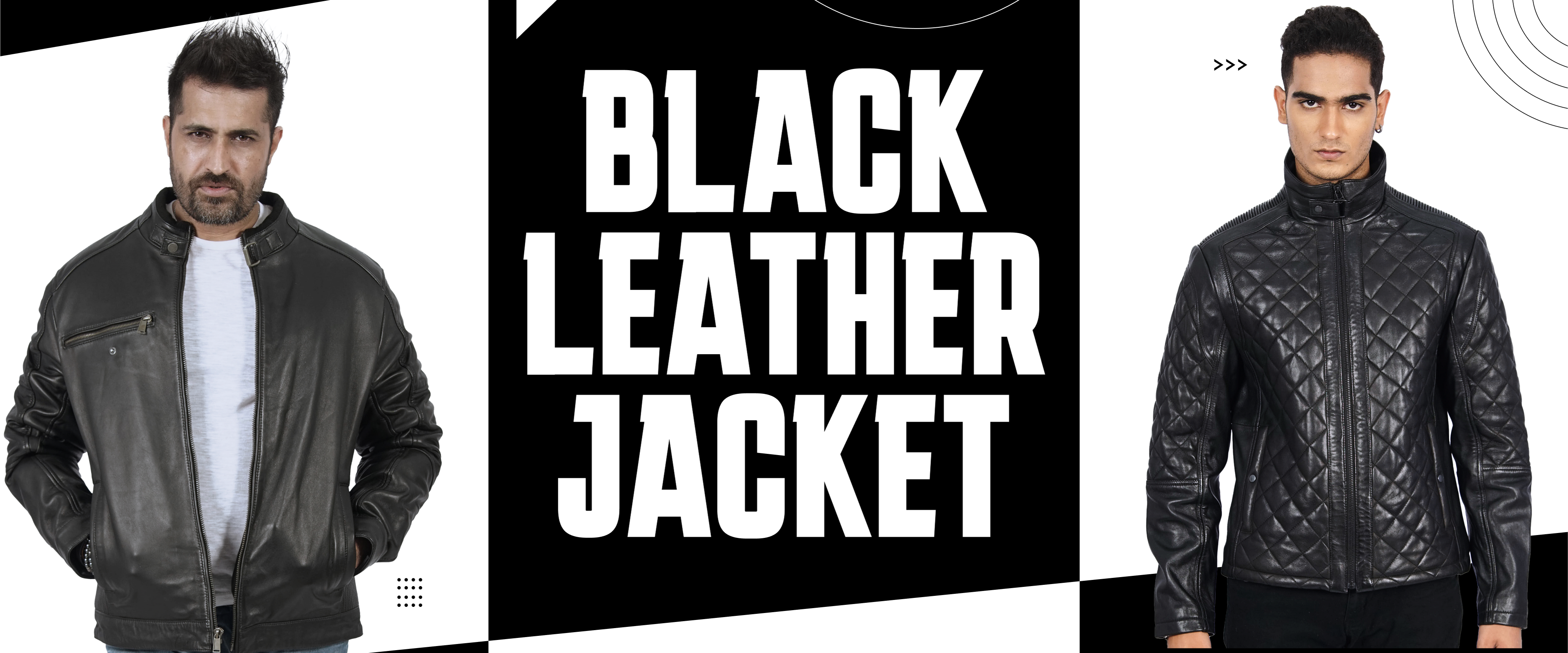 Two men modeling premium black leather jackets with modern and quilted designs on a white background, bold text reading Black Leather Jacket in center