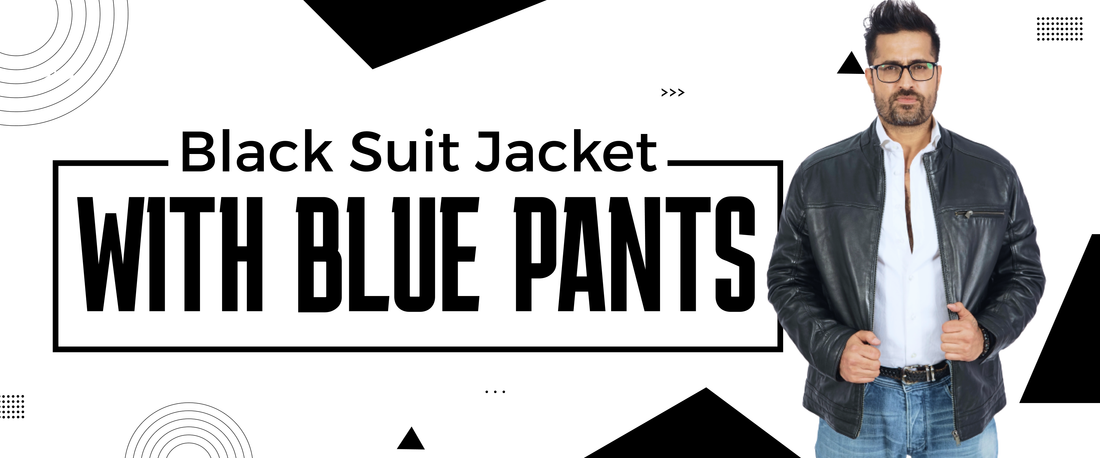 a man wearing Black Suit Jacket with Blue Pants