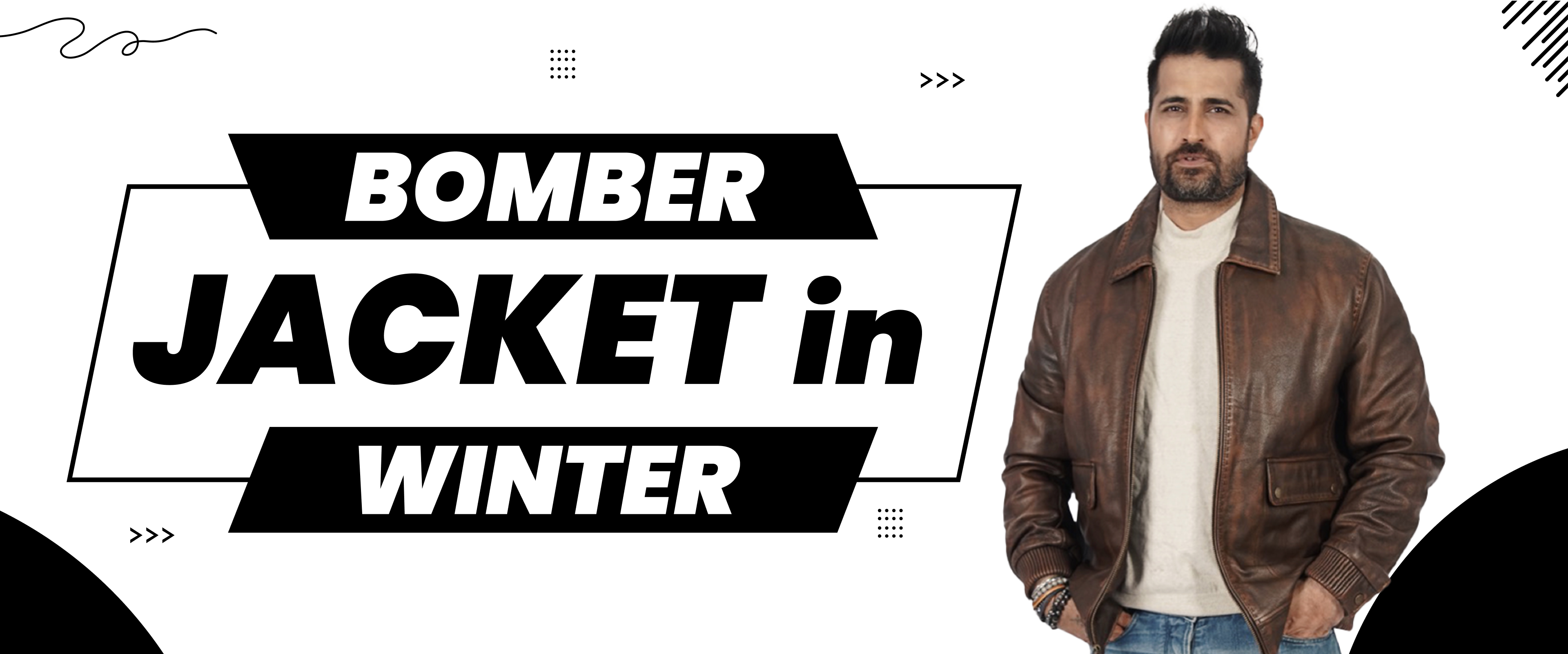Man wearing a brown leather bomber jacket and sweater, winter outerwear fashion