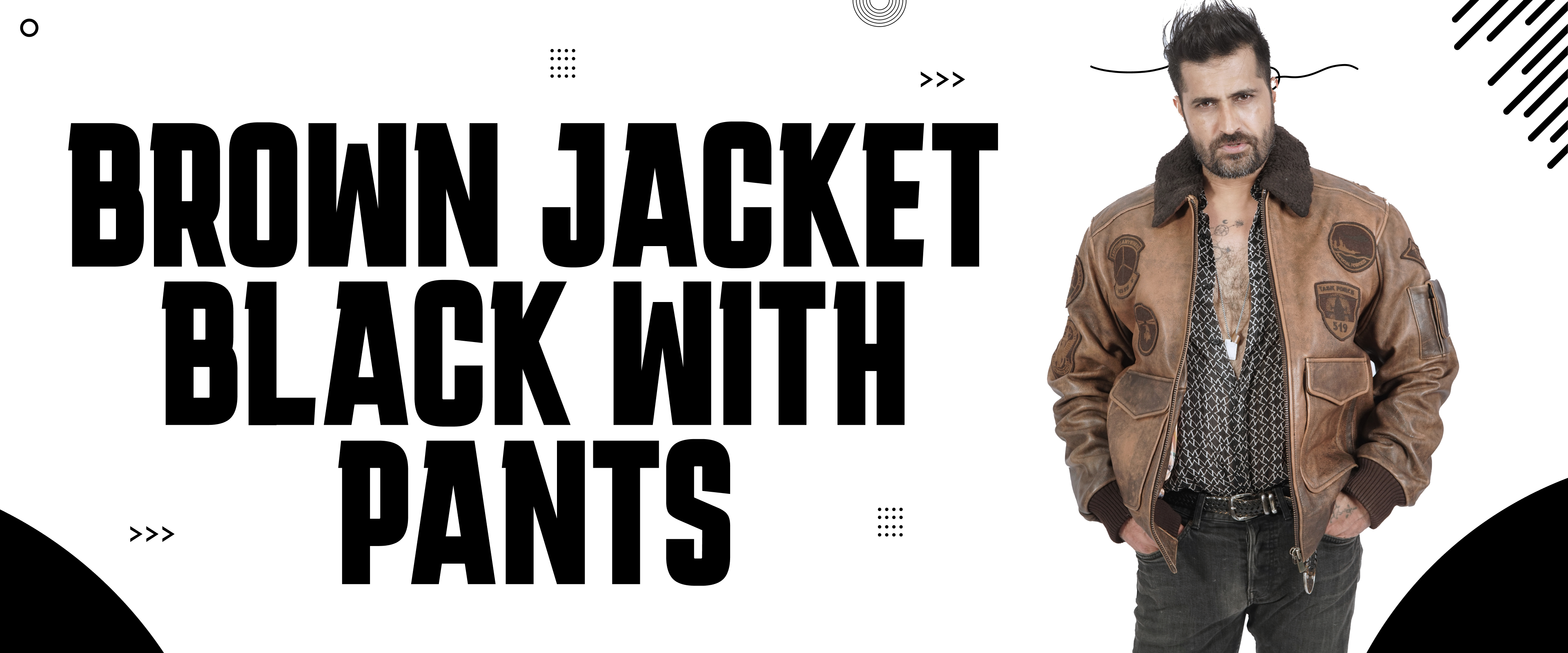 Man in brown leather bomber jacket with patches, black shirt and black pants, white background