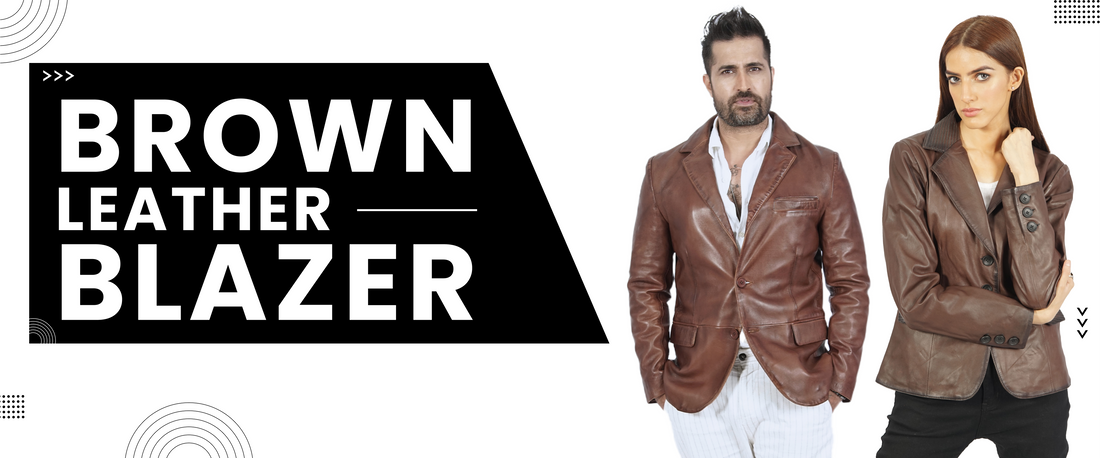 Man and woman wearing stylish brown leather blazers, modern casual outerwear fashion