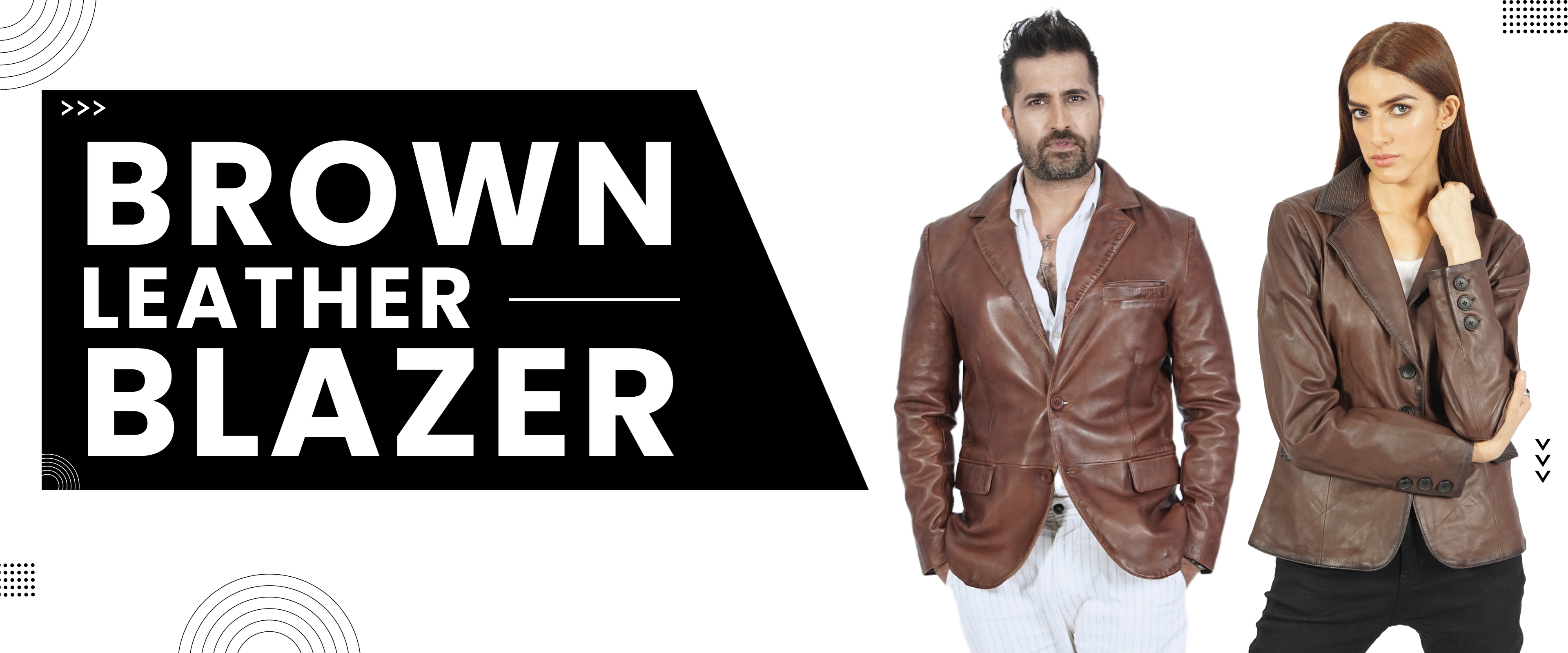 Man and woman wearing stylish brown leather blazers, modern casual outerwear fashion