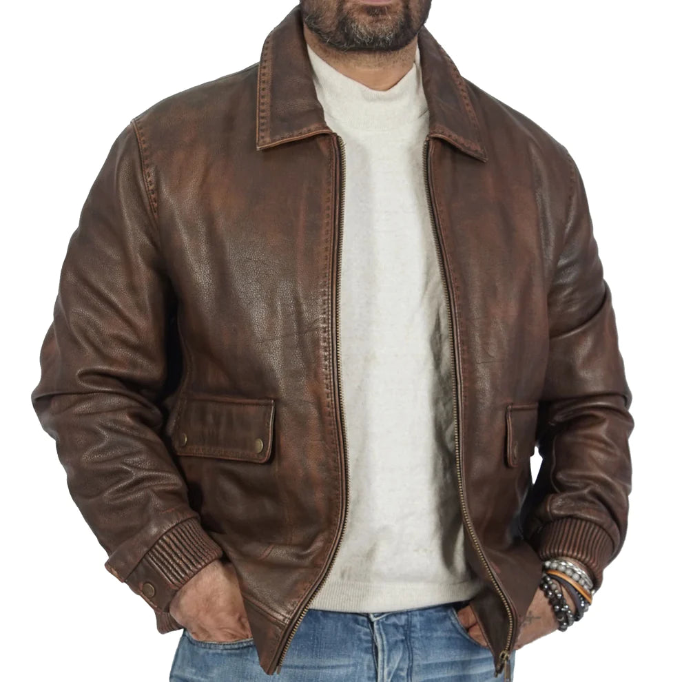 Embrace changeless Elegance: The Distressed Callister Brown Leather Bomber Jacket