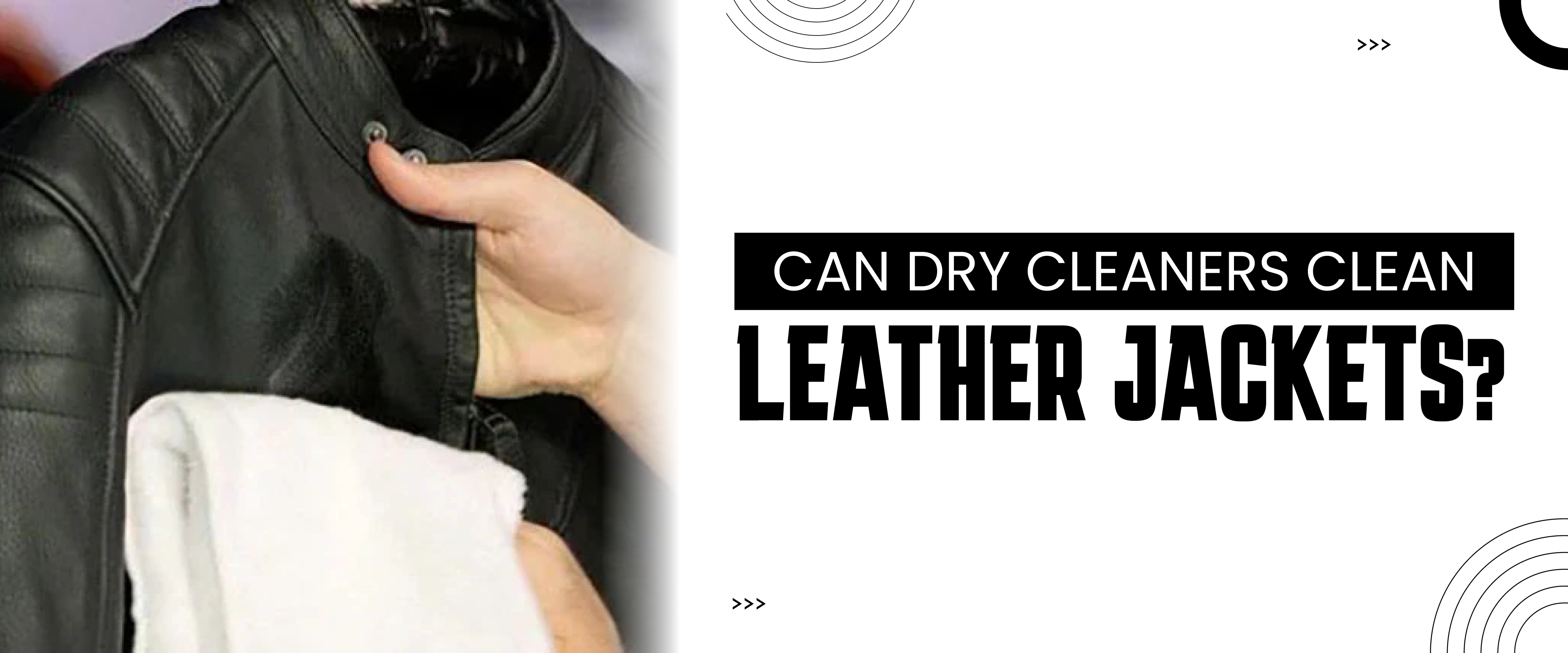 Hand holding black leather jacket with white towel, text asks about dry cleaning leather jackets