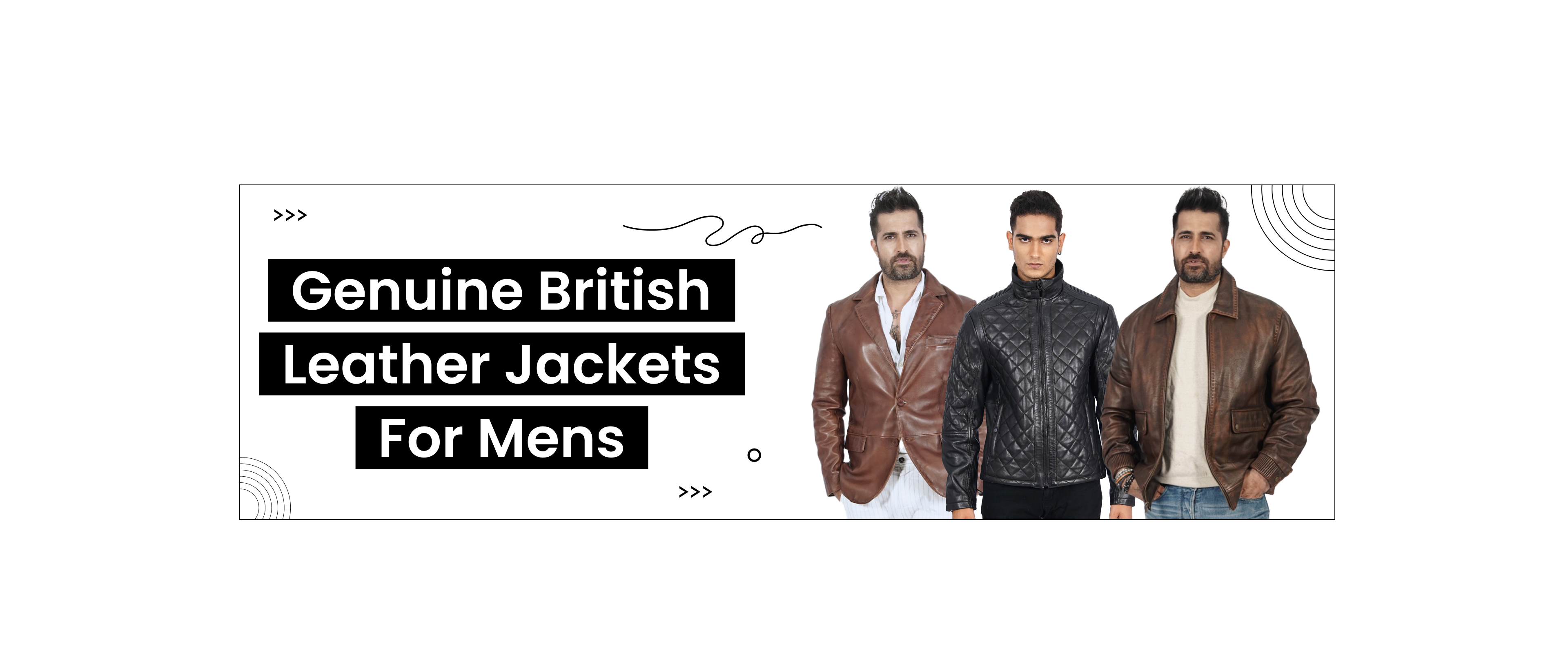 Men modeling genuine British leather jackets in brown and black styles, fashion banner.