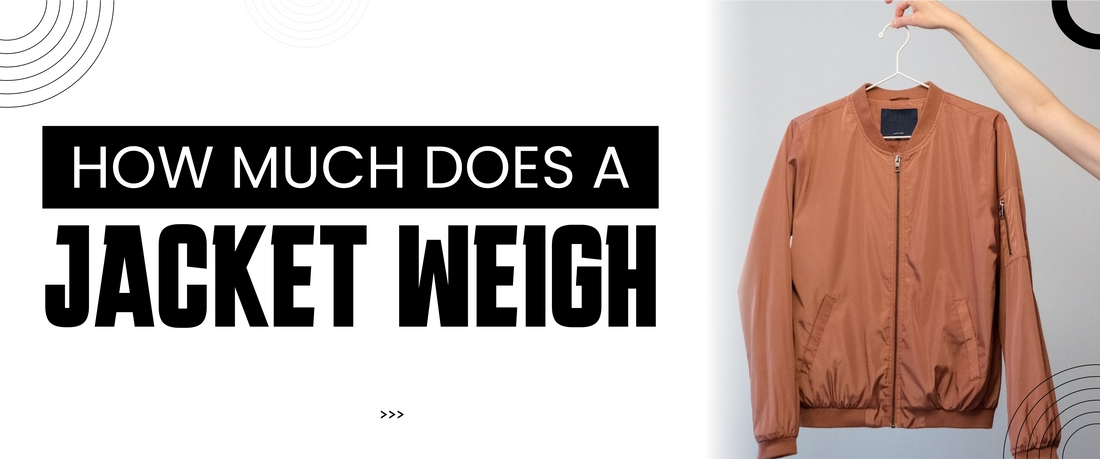 Light brown bomber jacket on hanger held by hand, jacket weight question text on white background