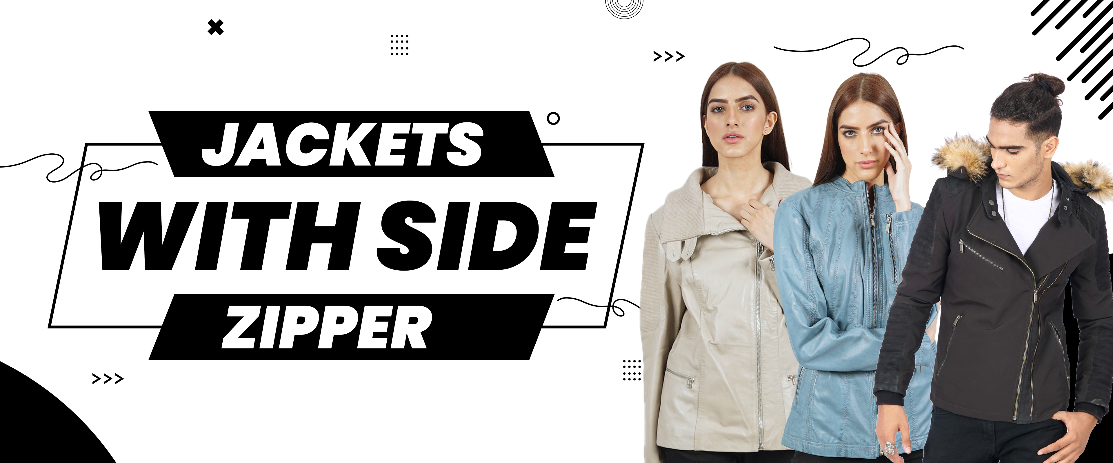 Men’s and women’s jackets with side zippers in beige, blue, and black with fur hood