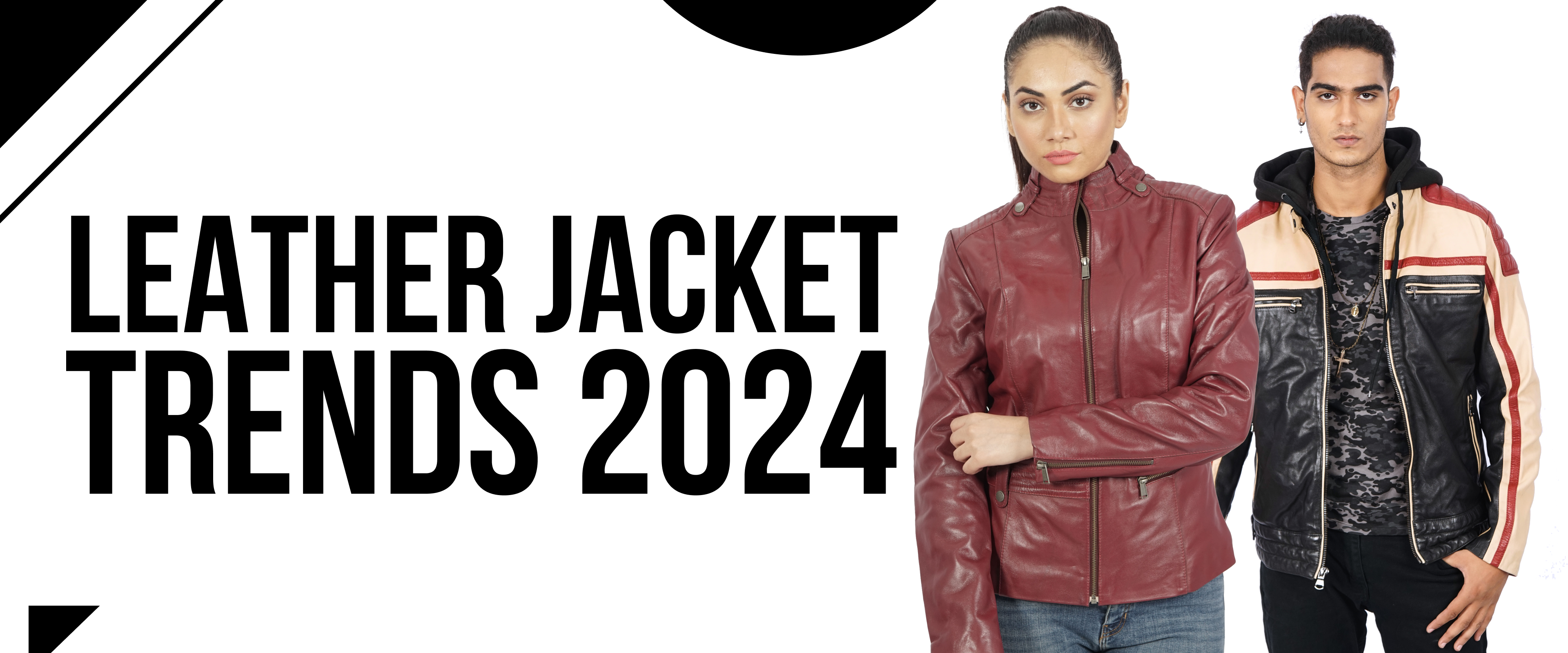 Two models in trendy leather jackets, highlighting 2024 outerwear fashion styles
