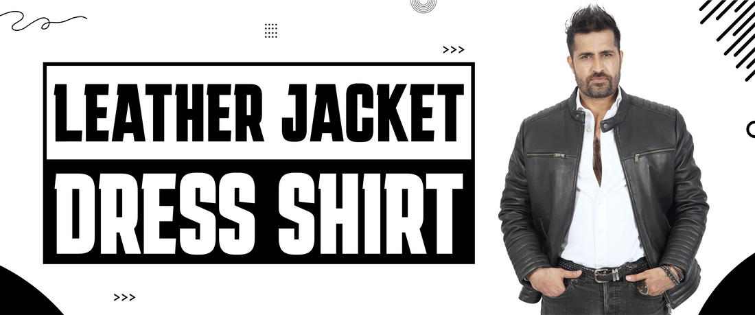 Man wearing a black leather jacket and white dress shirt, fashion outerwear style
