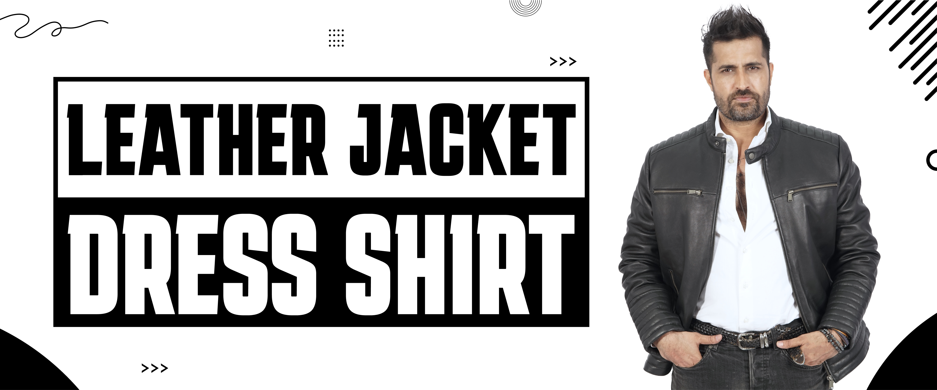 Man wearing a black leather jacket and white dress shirt, fashion outerwear style