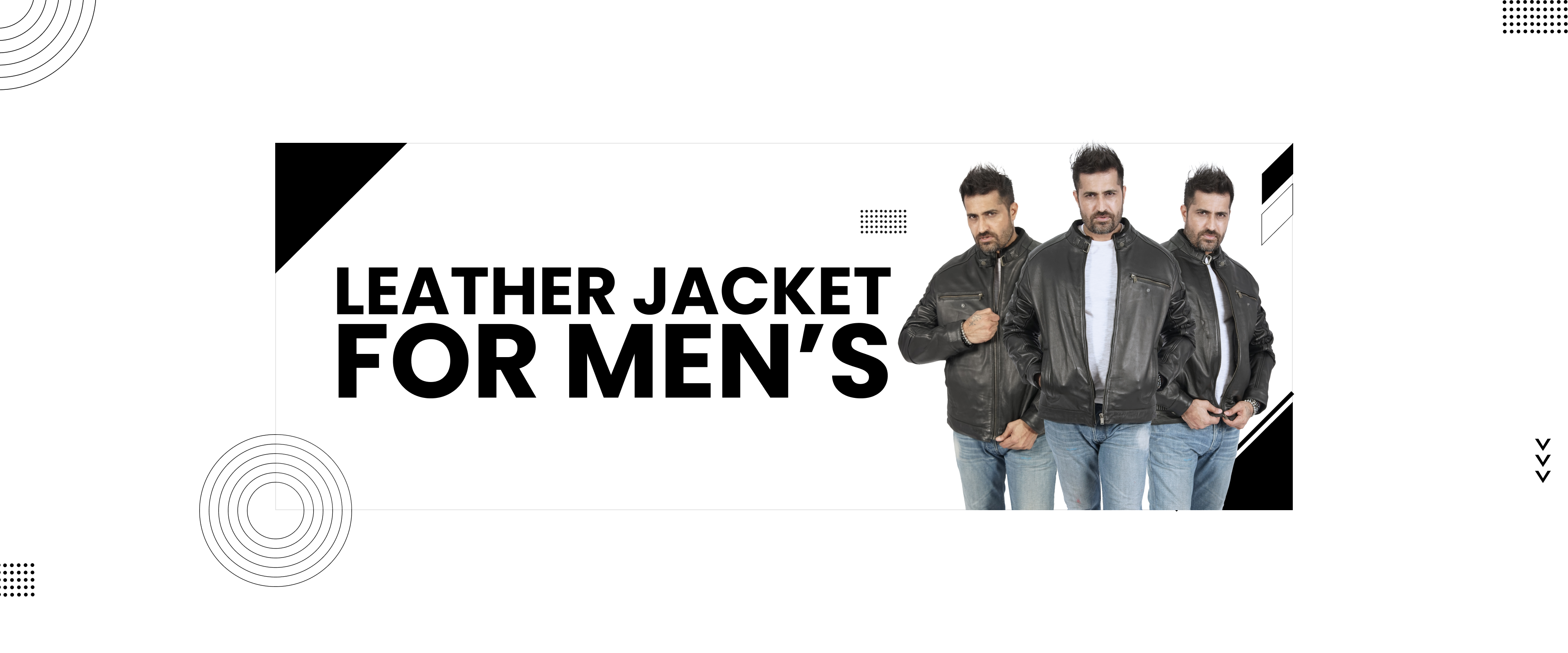 Men modeling stylish black leather jackets with casual jeans on a modern white background