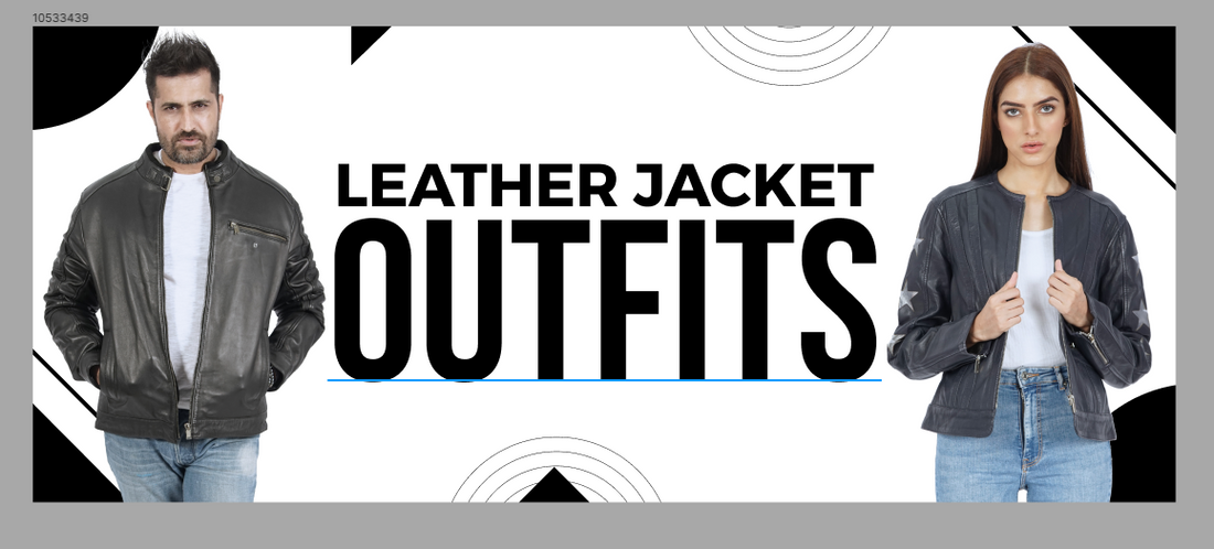 Man and woman modeling black leather jackets on a modern graphic background with 'Leather Jacket Outfits' text.