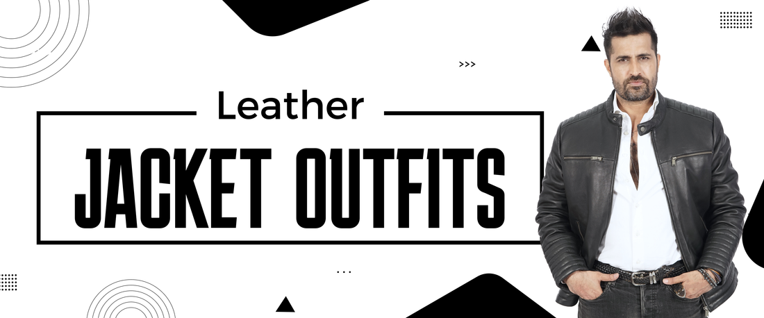 Man wearing black leather jacket with white shirt and jeans, leather jacket outfits banner
