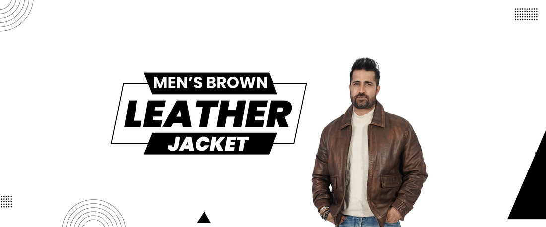 Man wearing a stylish men's brown leather jacket with white turtleneck on white background
