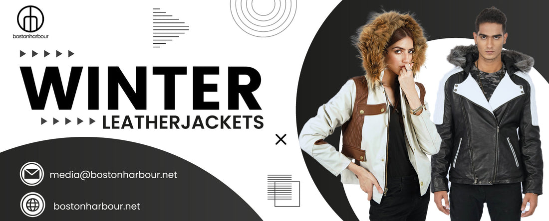 Man and woman in trendy winter leather jackets with fur hoods on modern geometric background