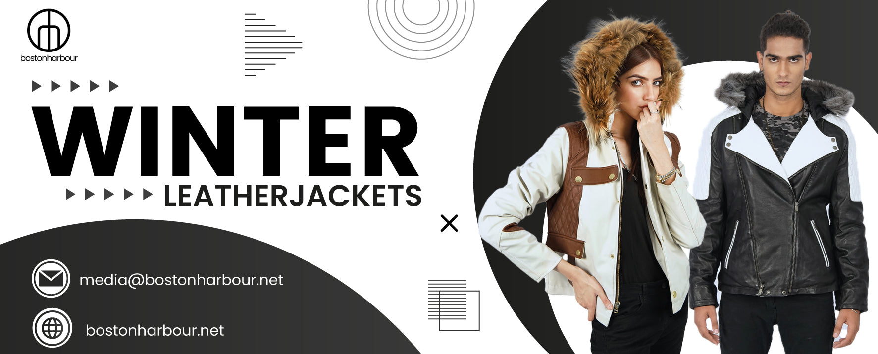 Man and woman in trendy winter leather jackets with fur hoods on modern geometric background