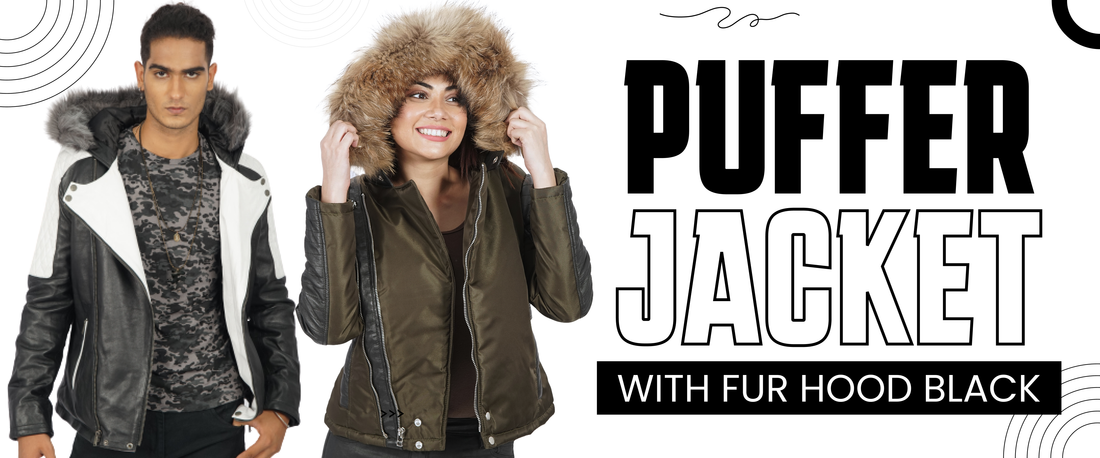 Man in black and white jacket and woman in brown puffer jacket with fur hood, white background