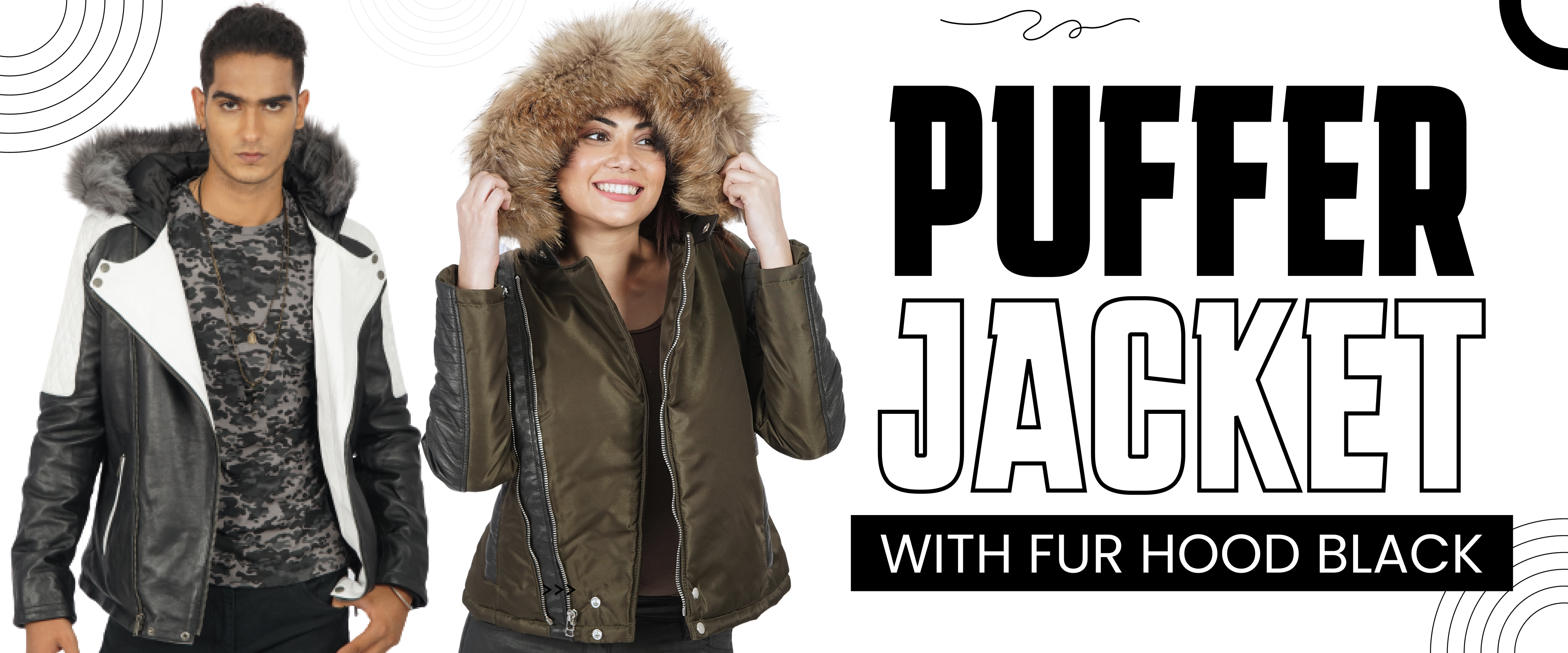 Man in black and white jacket and woman in brown puffer jacket with fur hood, white background