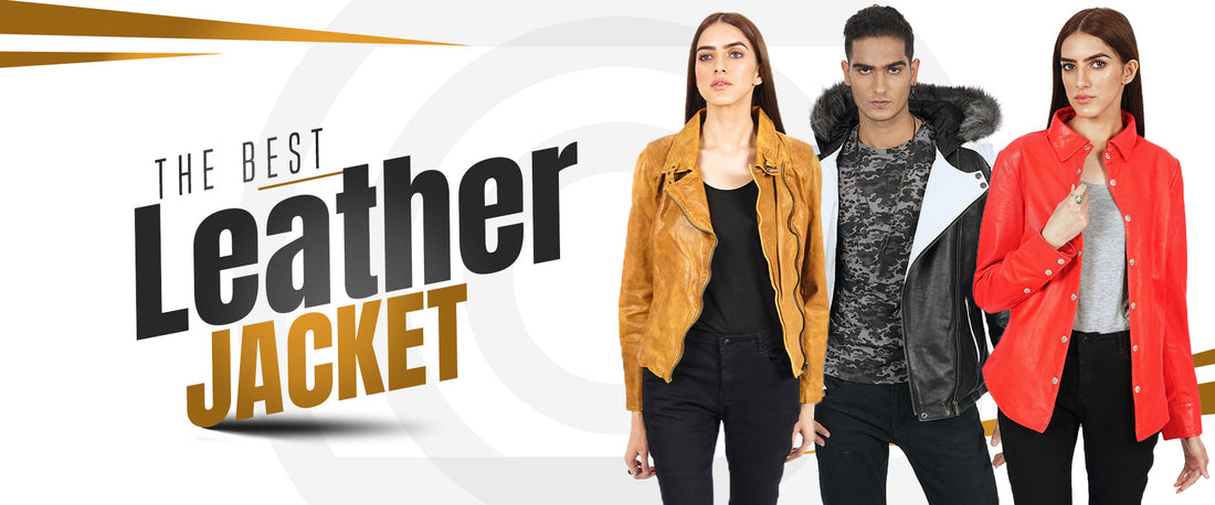 Three models wear stylish leather jackets in tan, black, and red against white background
