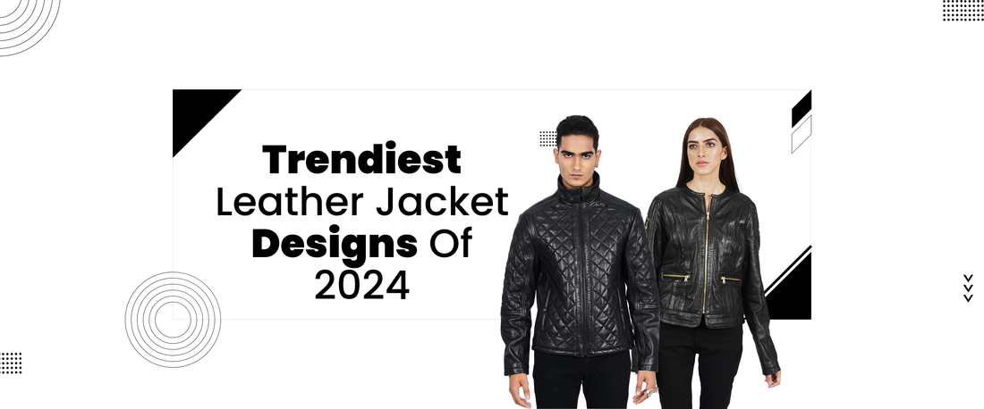 Man and woman wearing stylish black leather jackets, 2024 trendy outerwear fashion