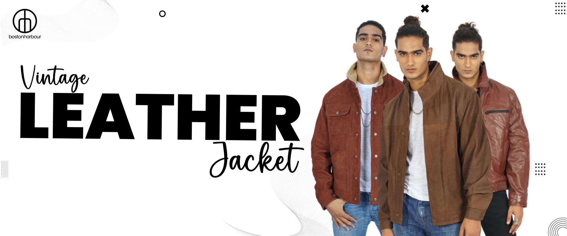 Three men modeling stylish vintage leather jackets in brown tones on a white background.