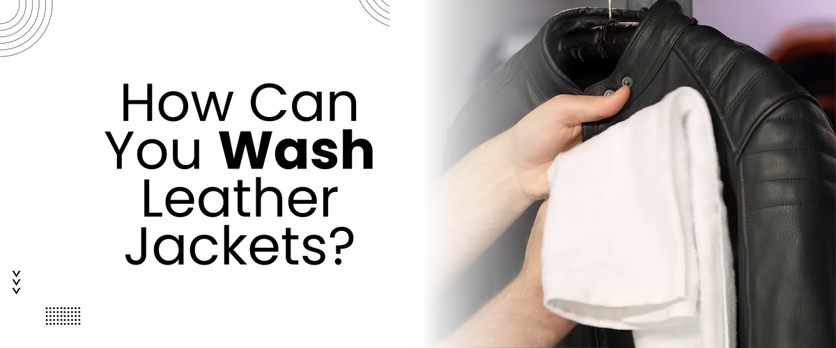 Hand cleaning a black leather jacket with a white cloth, leather jacket care guide