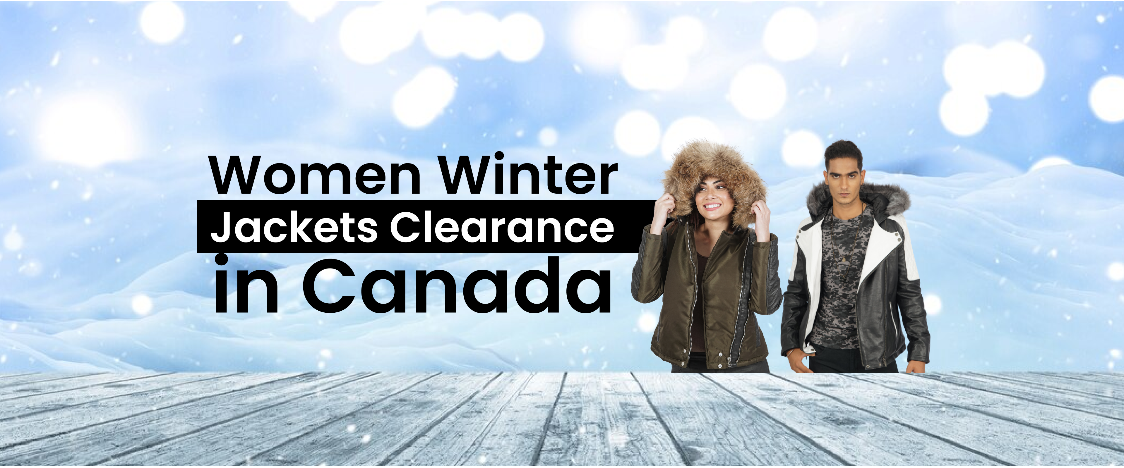 Women and men in fur hooded winter jackets, snowy background, clearance sale in Canada