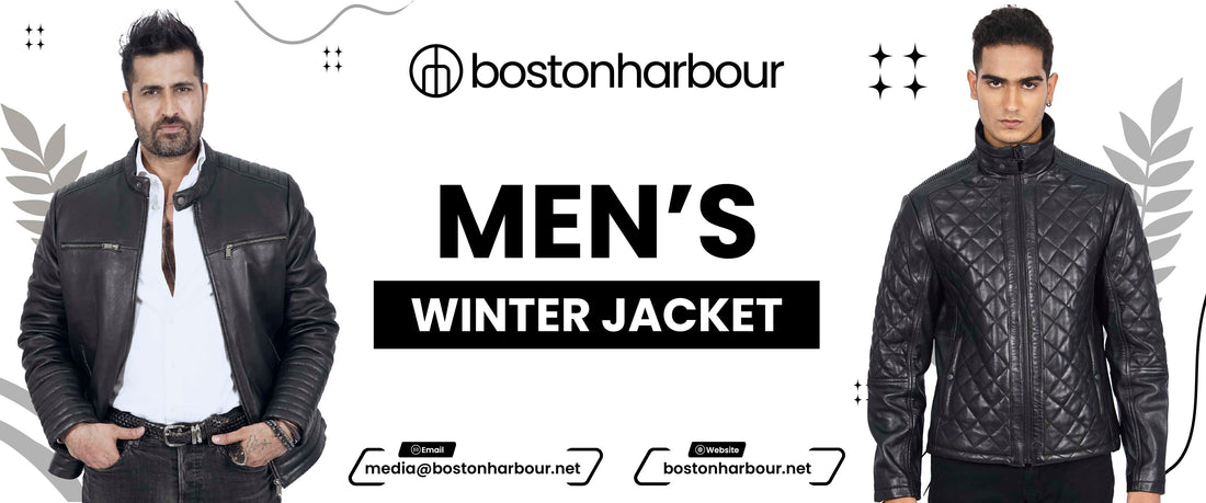 Two men modeling luxury men's black leather winter jackets on a white background with text.