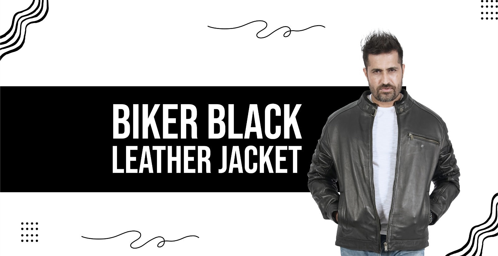Man wearing a black biker leather jacket with front zipper on a minimalist white background.