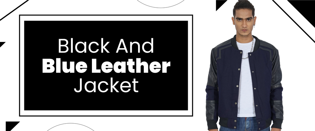 Man wearing stylish black and blue leather jacket with snap buttons and contrast sleeves