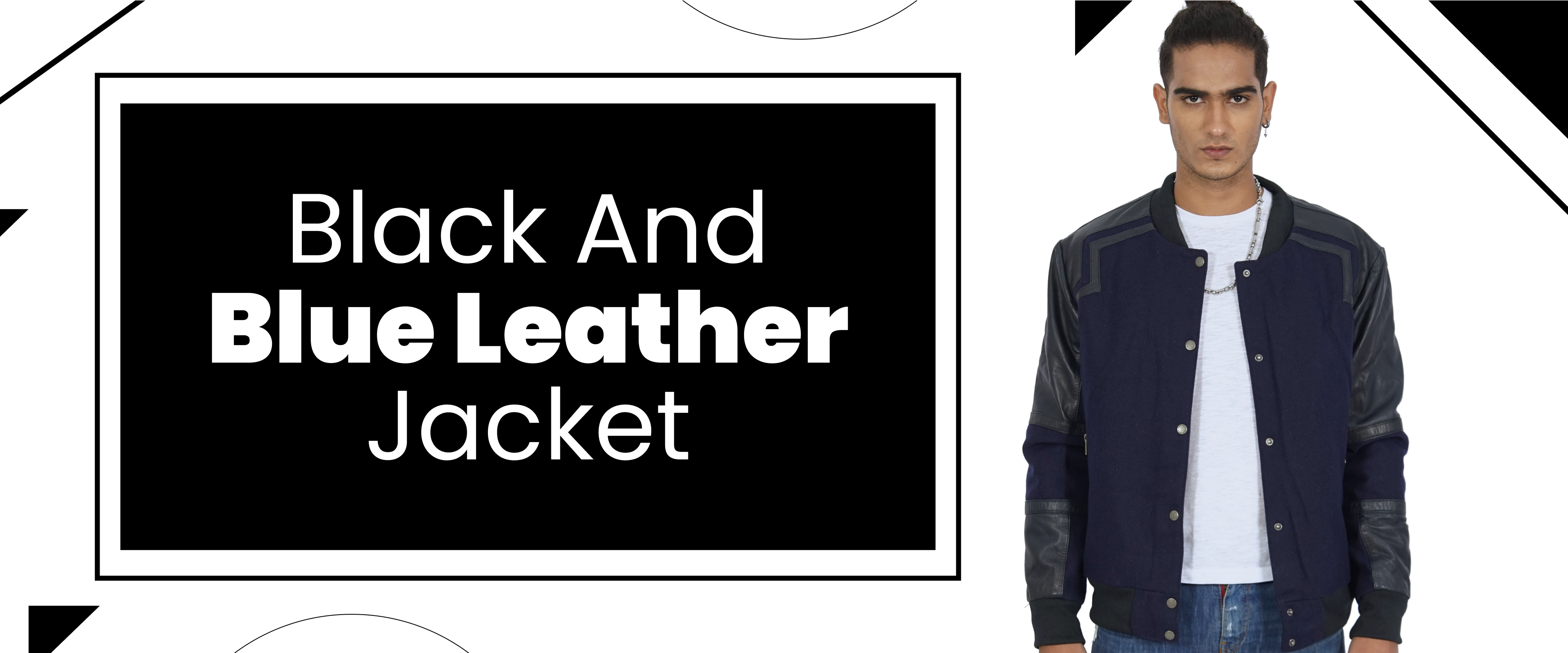 Man wearing stylish black and blue leather jacket with snap buttons and contrast sleeves