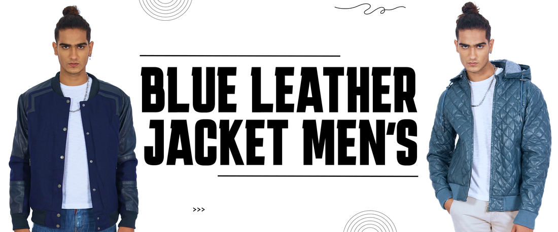 Men modeling stylish blue leather jackets, bomber and quilted styles, white background