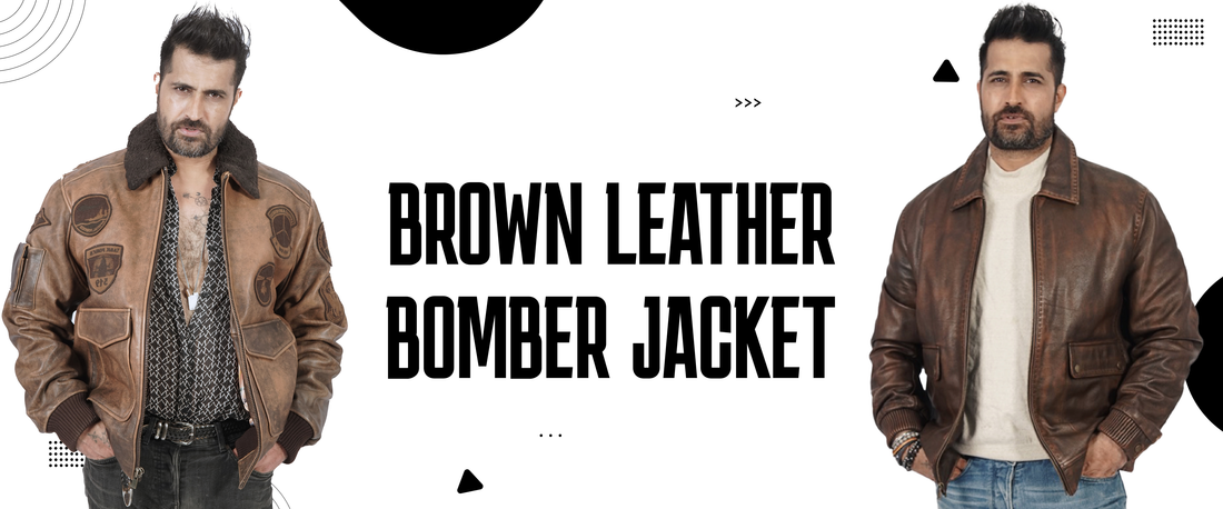 Two men modeling brown leather bomber jackets with military-style and classic designs on white background.