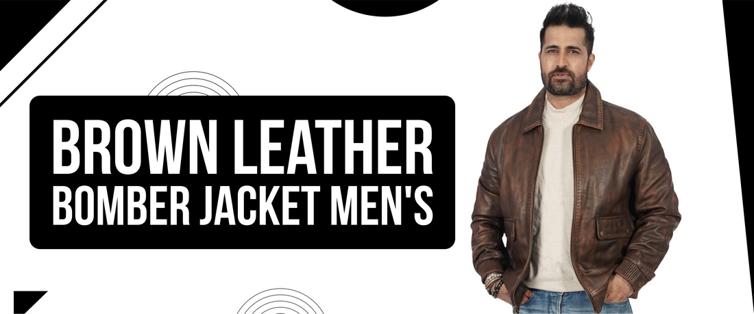Men's brown leather bomber jacket, stylish outerwear, modeled with casual attire
