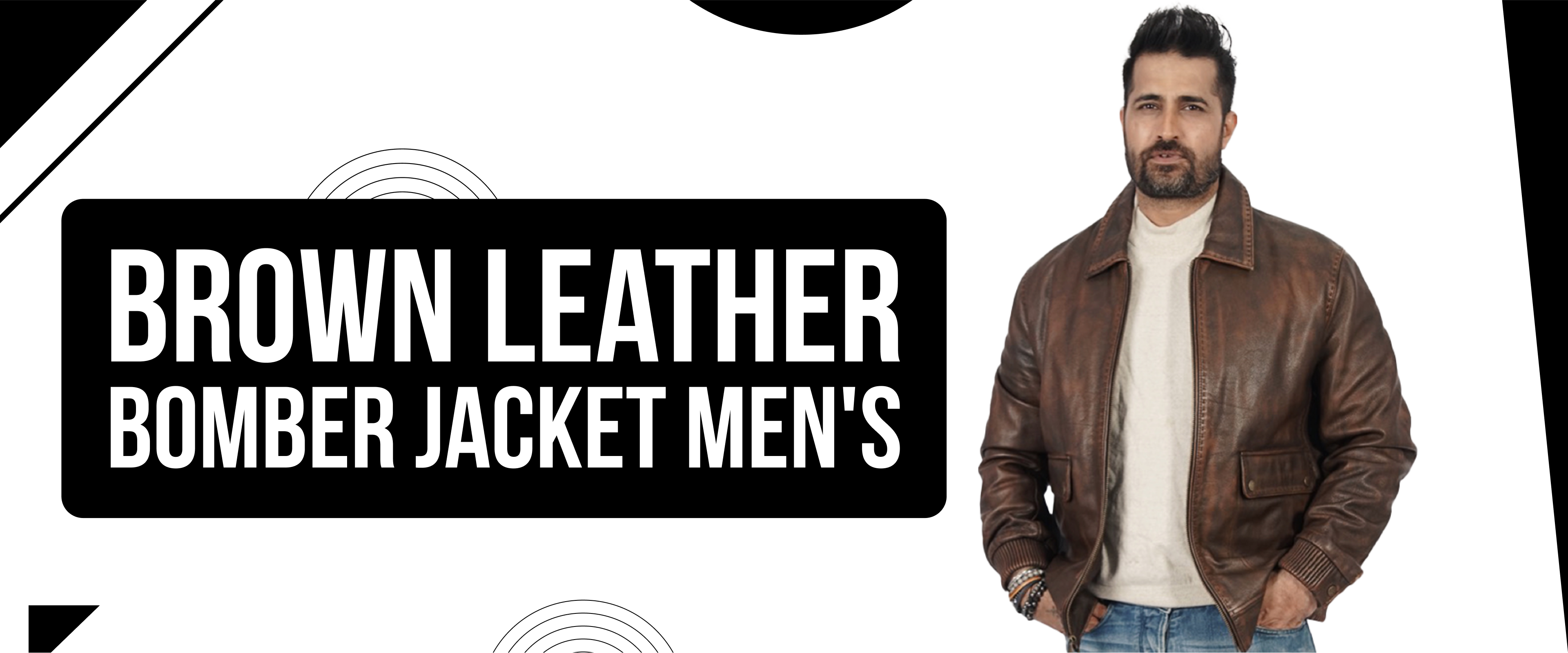 Men's brown leather bomber jacket, stylish outerwear, modeled with casual attire
