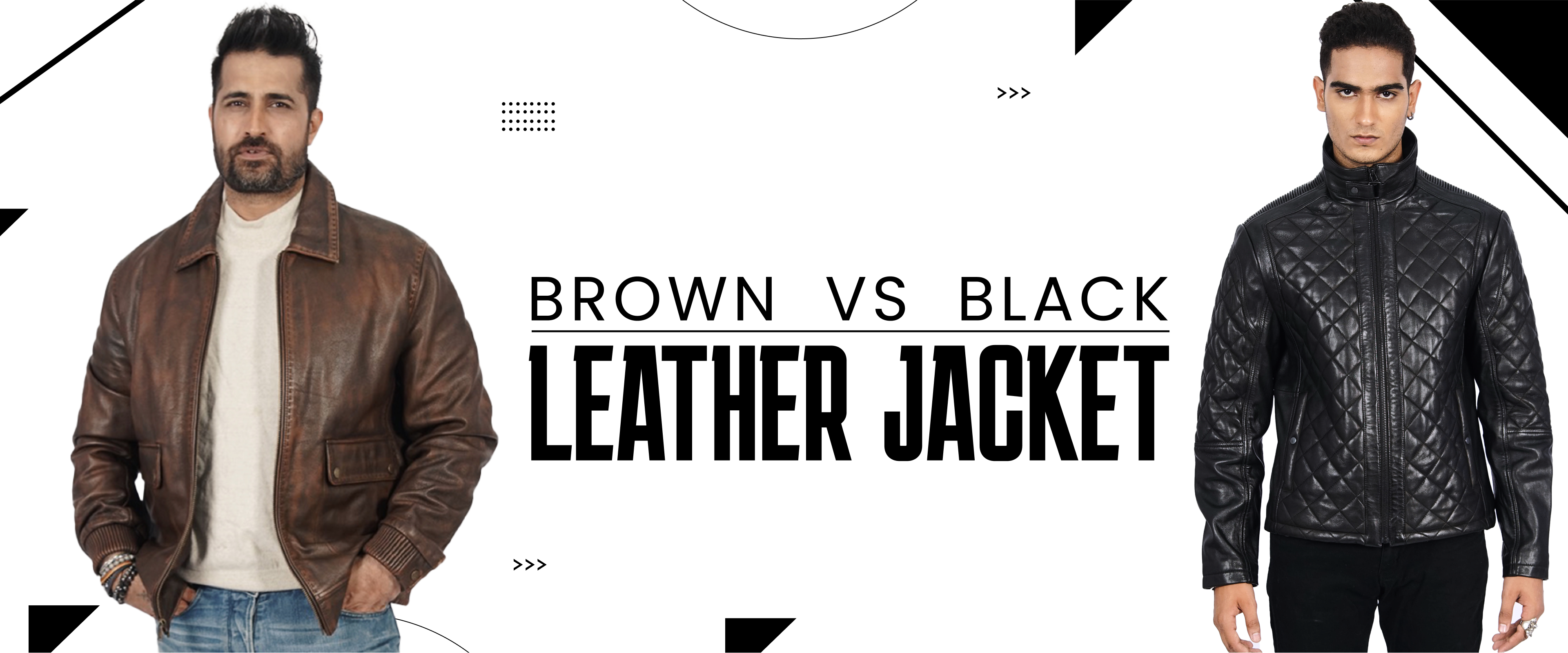 Men wearing brown and black leather jackets, comparing classic and quilted outerwear styles