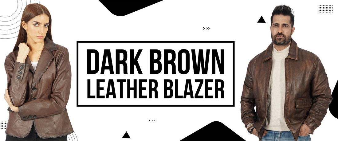 Man and woman wearing dark brown leather blazers on a white background with text