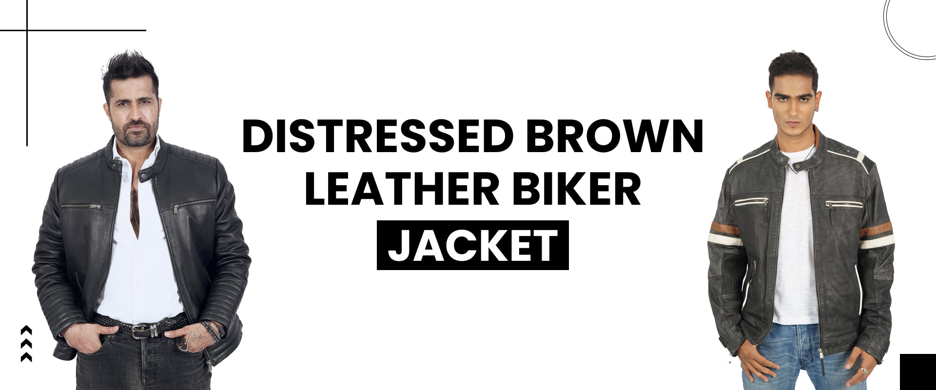 Men wearing distressed brown leather biker jackets with zippered pockets on white background