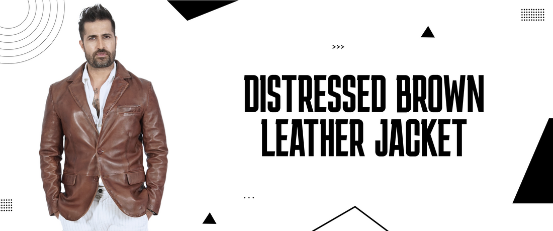 Man wearing distressed brown leather jacket, white shirt, and pinstripe pants on white background.
