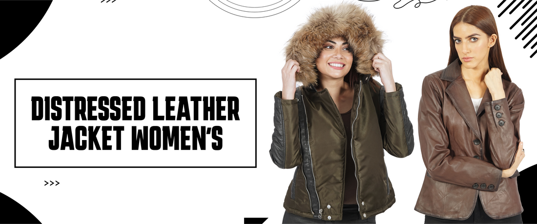 Two women modeling stylish distressed leather jackets, one with a fur hood, on a white background