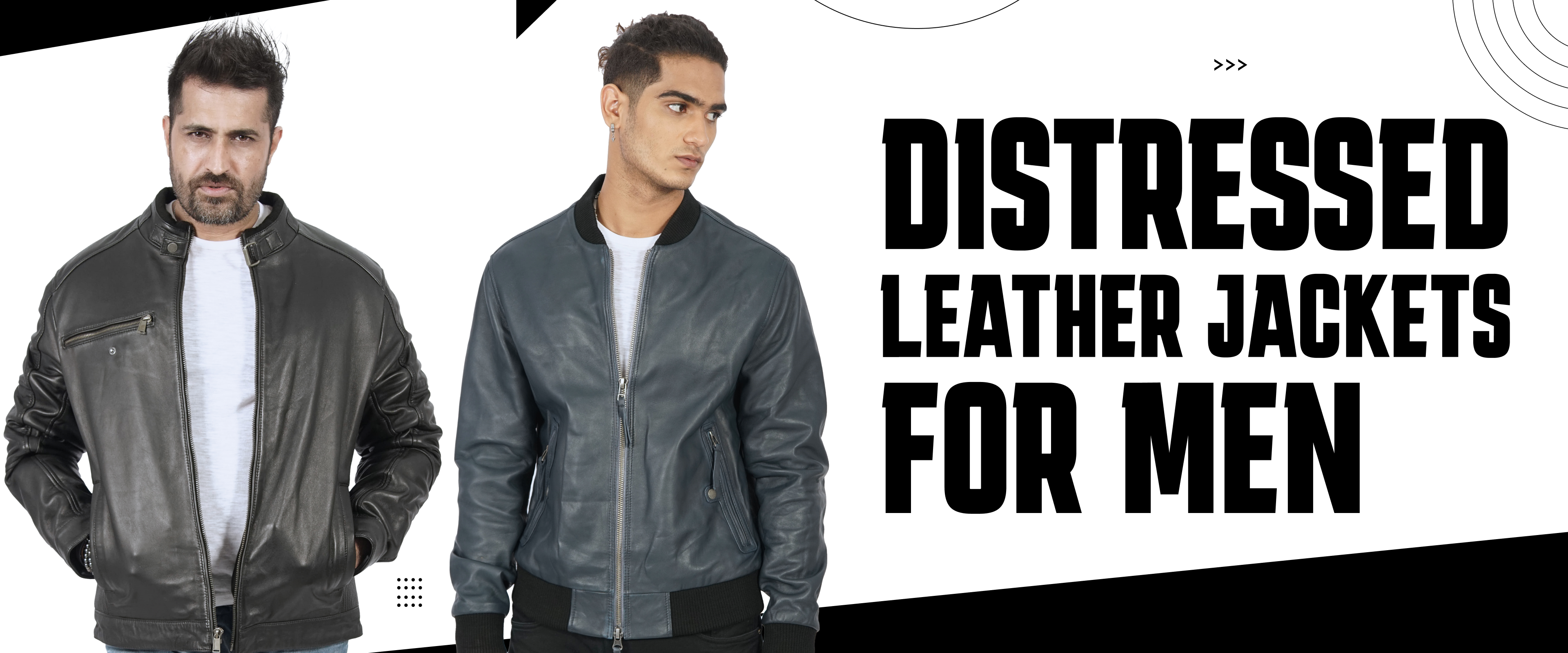 Two men wearing distressed leather jackets for men, fashion outerwear product image