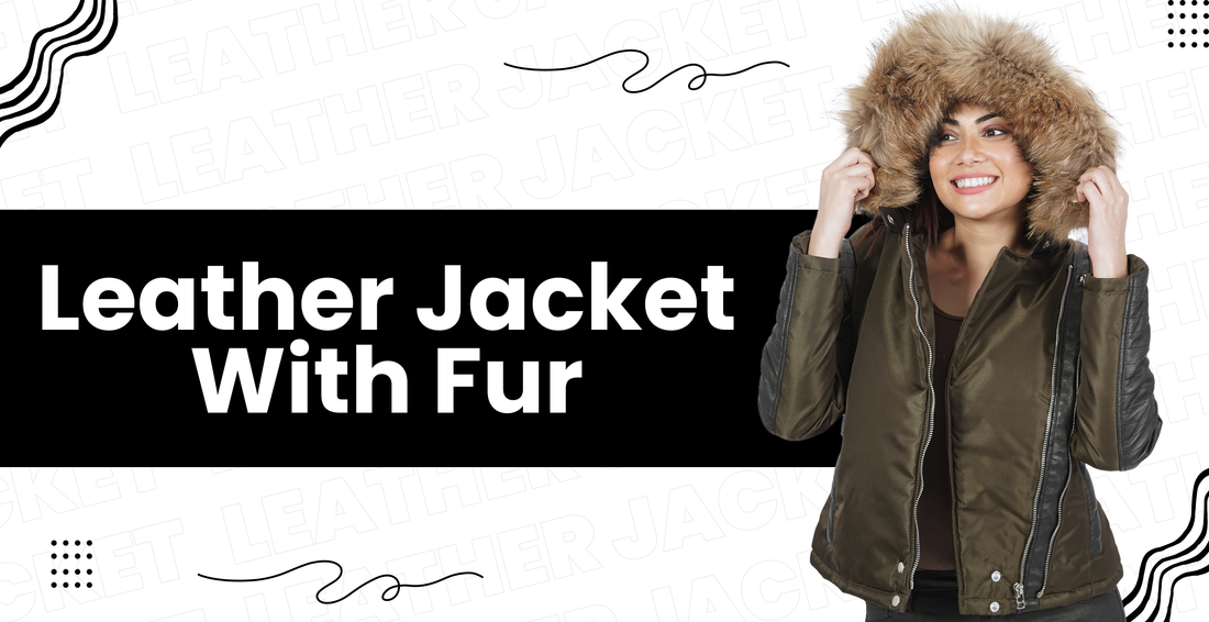Woman wearing olive green leather jacket with faux fur hood, smiling against modern graphic background