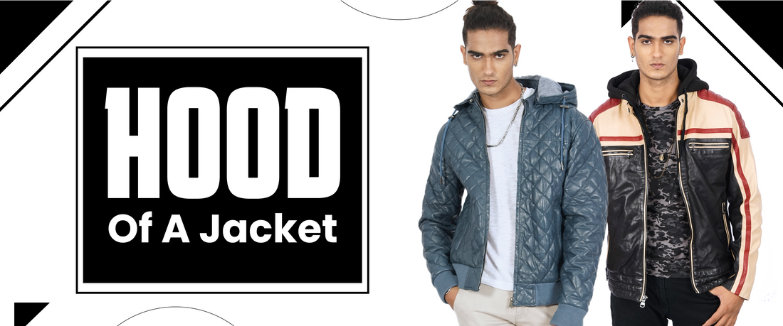 Two men modeling hooded jackets, one quilted blue and one multicolored leather, on white background
