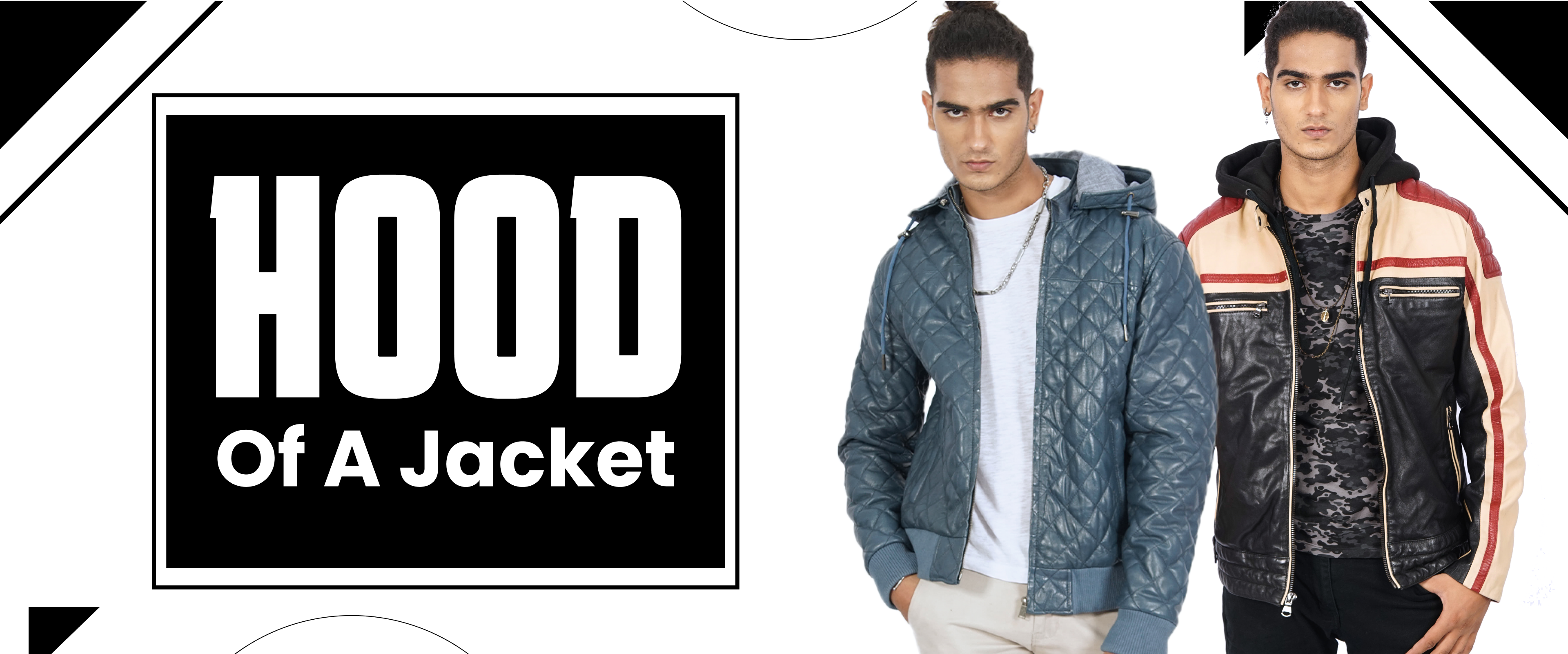 Two men modeling hooded jackets, one quilted blue and one multicolored leather, on white background